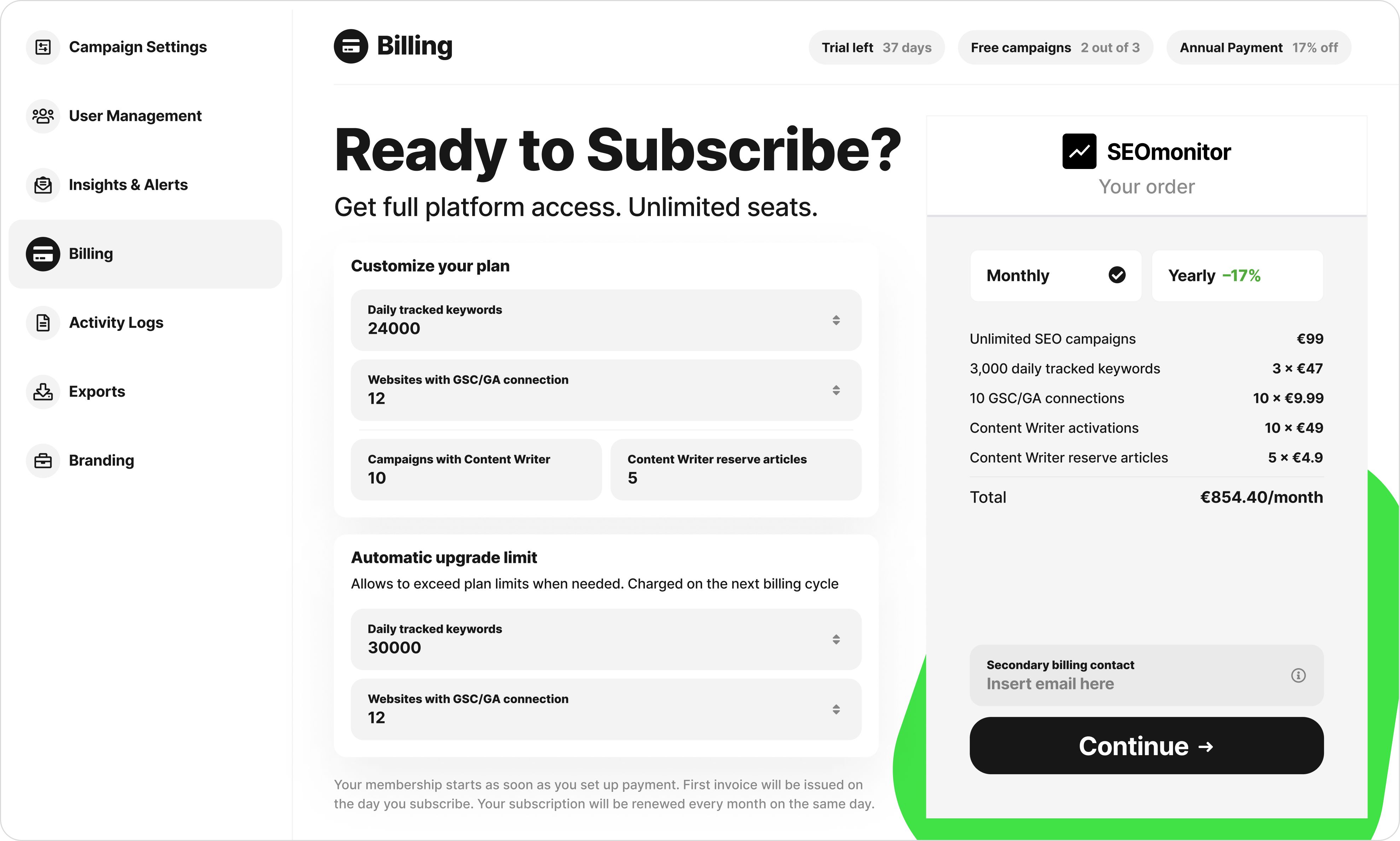 SEOmonitor billing section